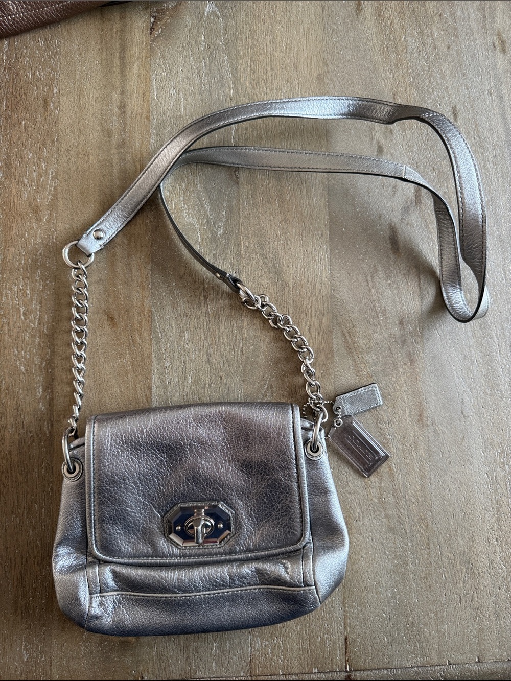 Coach Metallic Silver Leather Crossbody Shoulder Bag